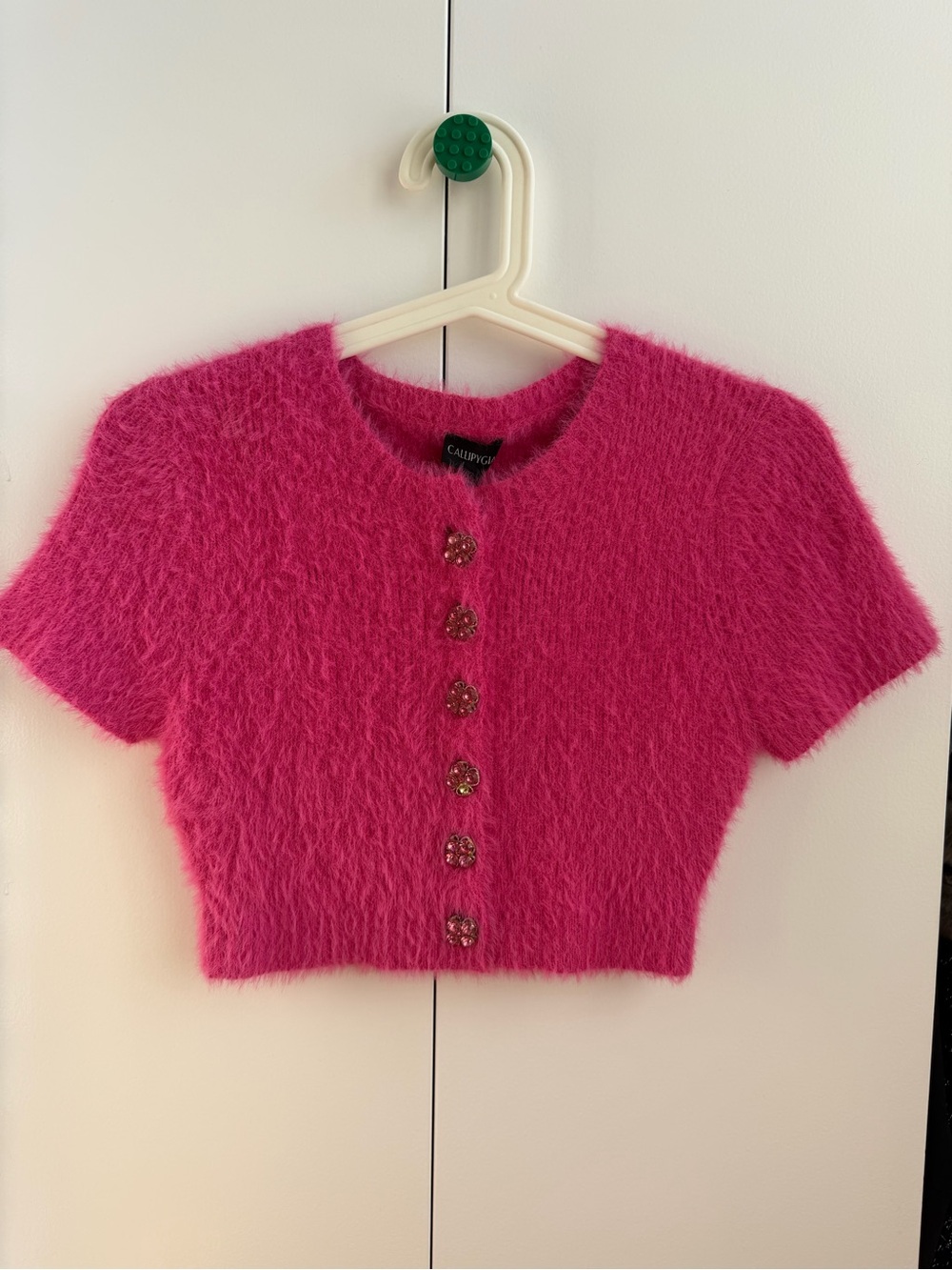 Hot Pink Fuzzy Cropped Button Cardigan Jewel Buttons